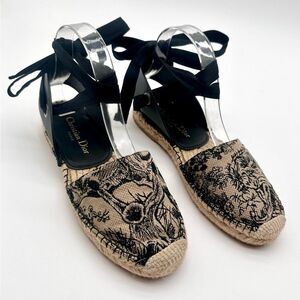 Dior Embroidered Canvas & Leather Ankle Tie Espadrille Flats EU 37.5 US 7.5